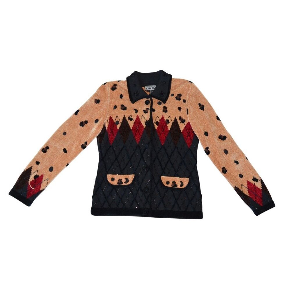 Vintage 90s Berer NWOT Beaded Diamond Leopard Cardigan Women Small Glam Rock Lux - Picture 11 of 11